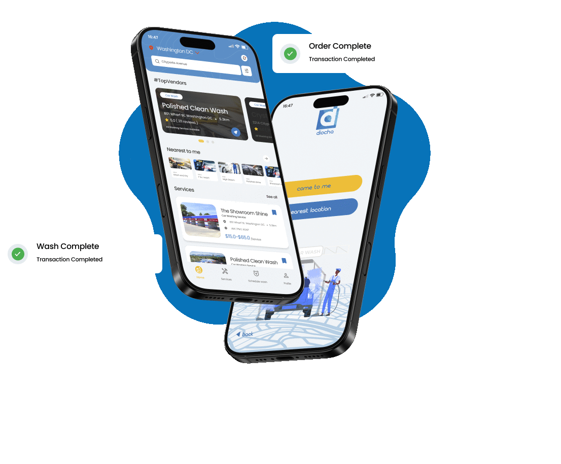 Diocha mobile app showing nearby car-care providers, booking, location, and completed transactions